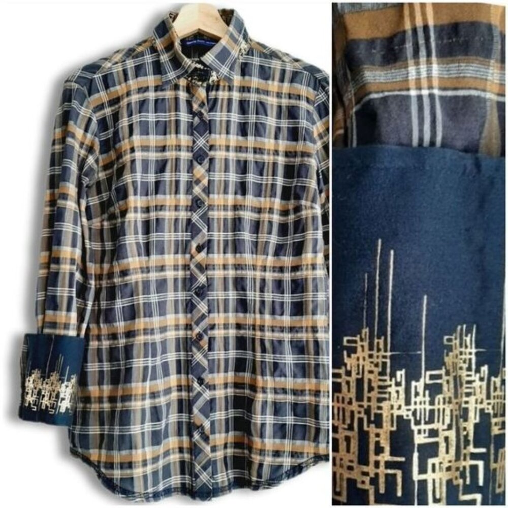 GEORG ROTH Flip Cuff Button Down Shirt Plaid Tan Brown & Gray Gold Details Sz S